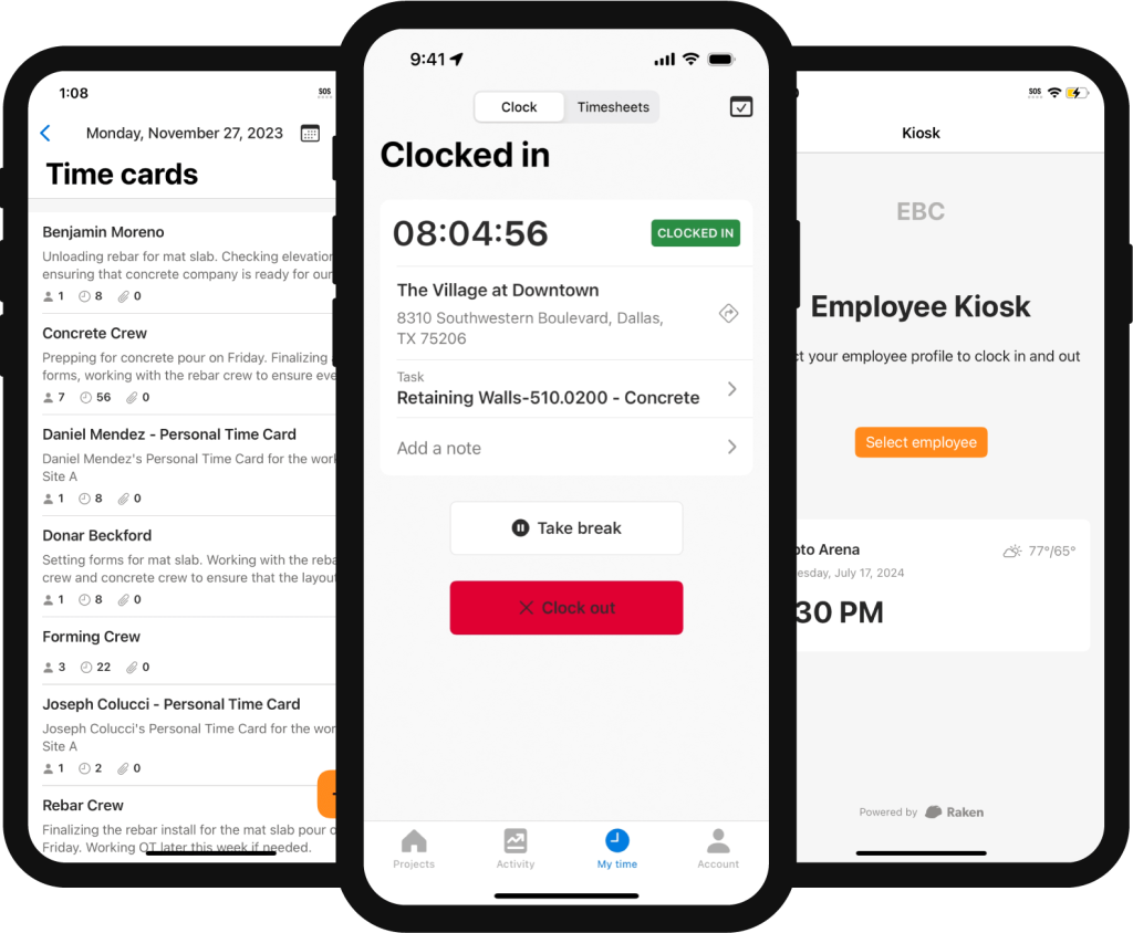 Raken and Paychex integration screens.