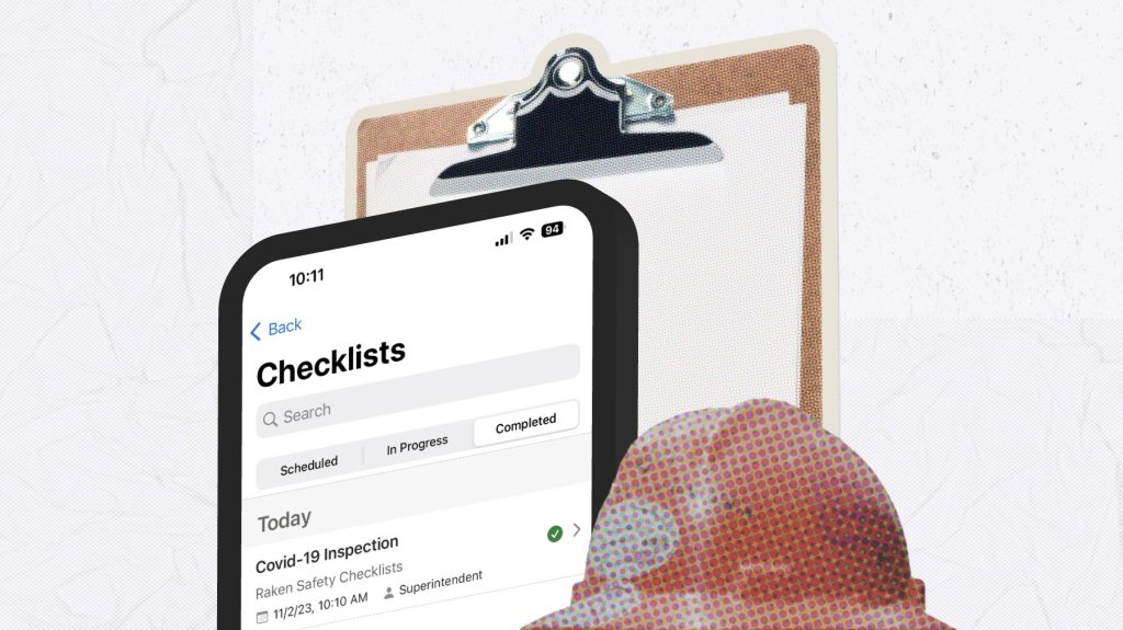 Raken checklist app on mobile with hard hat and clipboard.