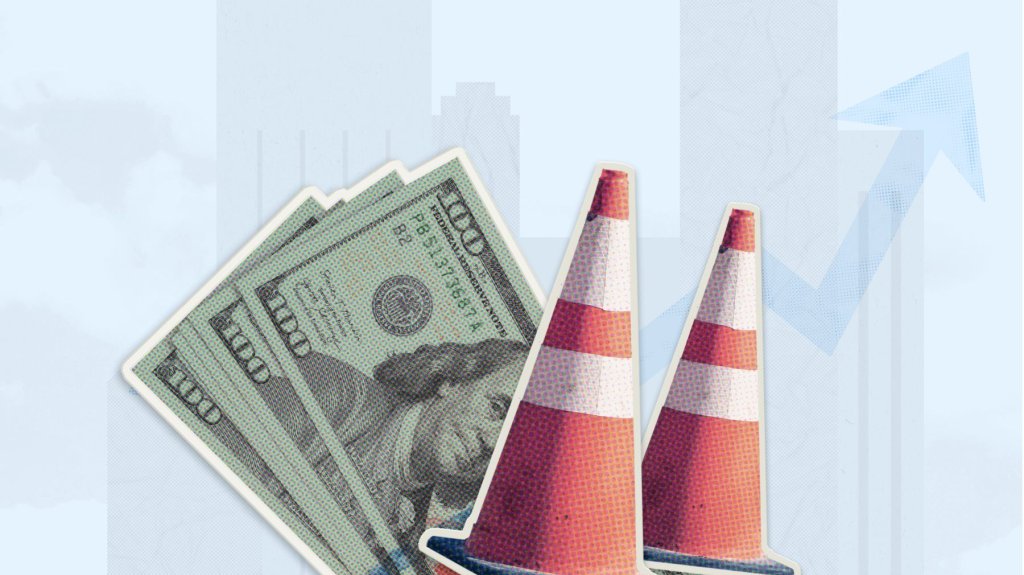 Traffic cones in front of hundred dollar bills illustration.