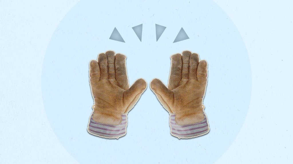 construction work gloves in thank you pose.