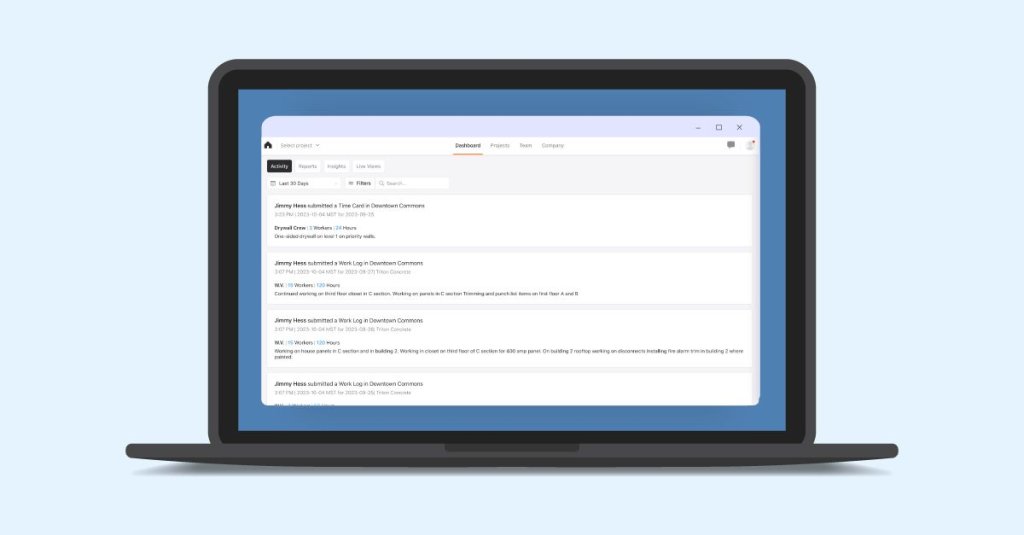 Raken dashboard activity feed.